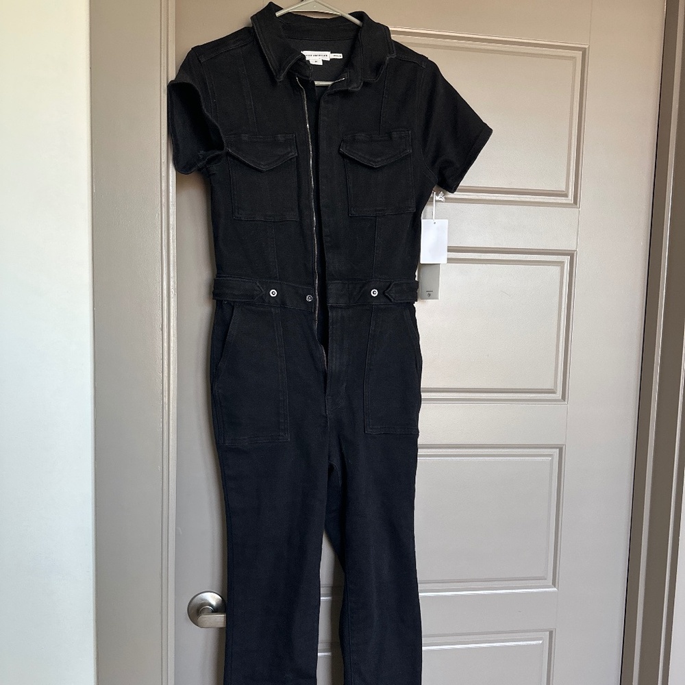 Good American Black Short Sleeve Zip Front Jumpsuit
